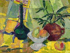 Still life with a green bottle, fruit and a plant by 
																	Josef Osser