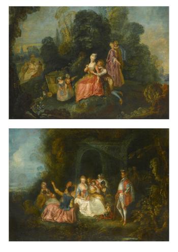 Amorous Couples In a Garden Setting, a Group Making Music Beyond; An Elegantly Dressed Group Relaxing In a Garden Setting by 
																			Pierre Antoine Quilliard