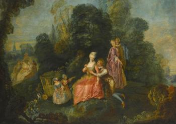 Amorous Couples In a Garden Setting, a Group Making Music Beyond; An Elegantly Dressed Group Relaxing In a Garden Setting by 
																			Pierre Antoine Quilliard