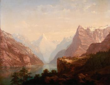 Expansive Alpine lake scene with travelers by 
																			Arnold Jenny