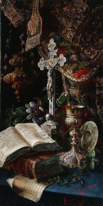 Still life with crucifix, chalice, sanctuary lamp, bible and embroidered vestments by 
																			Elise Leutz
