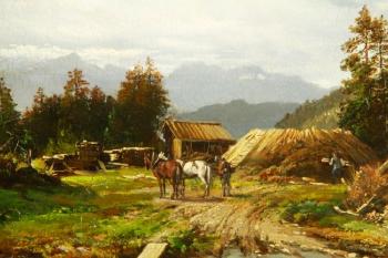 European mountain scene with figures and horses by 
																			Carl Neuberg