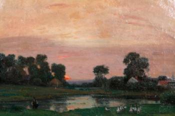 Man and geese in landscape by 
																			Frederick W Kost