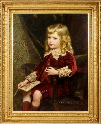 Young Boy in Red Velvet Suit, with Lace Trim Holding a Book, in the Guise of Little Lord Fauntleroy by 
																	Alfred Edward Emslie
