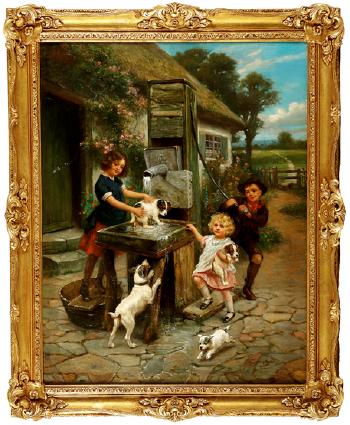 Puppies Bath Time, Children outside of a Cottage, bathing Puppies at a Pump by 
																	Charles G Hards