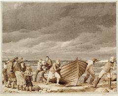 Fishermen from Hornbæk saving the captain from a stranded English ship by 
																	Erling Eckersberg