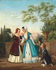 A gallant young man greets two well-dressed young ladies by 
																	Albinia Hagemann