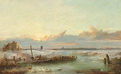 Winter landscape from Holland with frozen canals and a view of a town in the background by 
																	 Pritchett