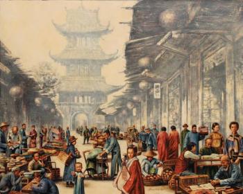 Scène de marché en Chine by 
																	 Wang Qing Quan