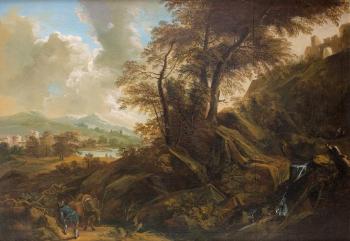 Un promeneur et son âne dans un paysage avec une cascade by 
																	Philip Augustyn Immenraedt