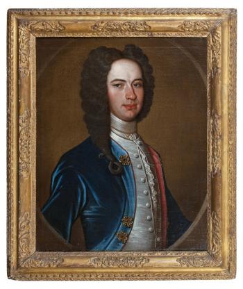 Portrait of a Gentleman, half-length, in a Blue Velvet Coat, within a painted oval by 
																			Richard Waitt