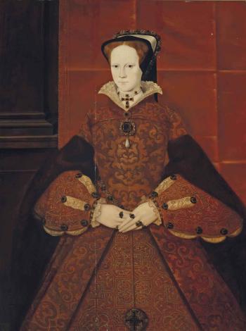 Portrait of Mary I, Queen of England (1516-1558), three-quarter-length, in a red and gold brocade dress embellished with jewels, with a black and white jewelled headdress, holding a pocket watch by 
																	Hans Eworth