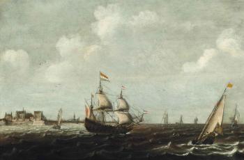 A Dutch threemaster and other shipping in choppy waters, a view of Fort Rammekens off the coast of Vlissingen beyond by 
																	Claes Claesz Wou
