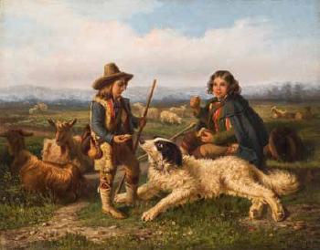 Zwei Hirtenknaben, mit Ziegen, Schafen und einem
großen Hirtenhund by 
																	Herbert Bolivar Tschudy
