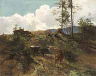 Sommerlicher Hochwald mit einem stehenden
Rehbock und einem Jäger im Hintergrund by 
																	Adolf von Eichthal