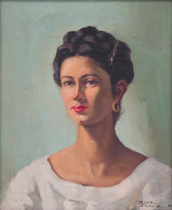 Retrato de dama con vestdo blanco by 
																	Juan Ruiz Chamizo