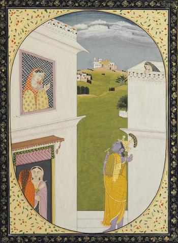 Radha observing Krishna from a balcony by 
																	 Sajnu of Mandi