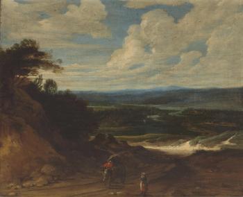 A landscape with figures and a wagon on a track in the foreground by 
																	Lucas Achtschellinck