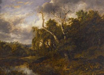 A river landscape with a hunter and his dog by 
																	Patrick Nasmyth