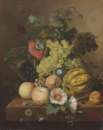 Grapes, Peaches, Melon and an Apricot on a Marble Ledge by 
																	Elke Jelles Eelkema