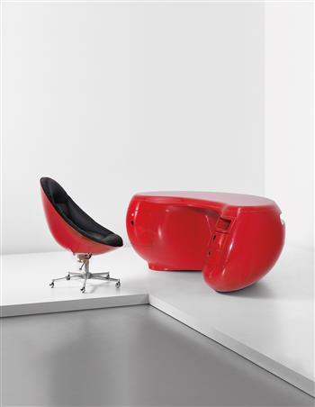 Boomerang desk model no. 6462 and adjustable swivel chair by 
																	Maurice Calka