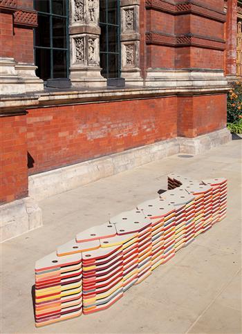 Unique 'Bench of Plates' bench, for 'Bench Years', commissioned by the London Design Festival by 
																	Amanda Levete