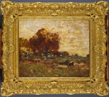 Cattle in an autumn landscape by 
																			Louis Paul Dessar