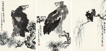 Eagle and Pine, Mynah Bird and Weeping Pillow by 
																	 Chen Weixin