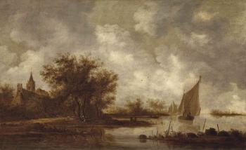 A river landscape with figures near the shore of a lake, a church beyond by 
																	Joost de Volder