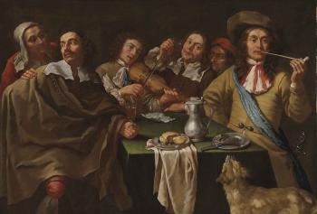 A tavern interior with soldiers merrymaking around a table by 
																	Gregorius Oosterlynck