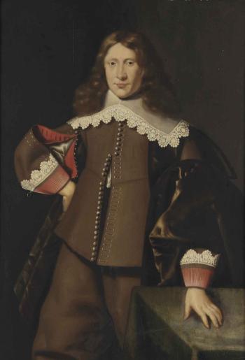 Portrait of a gentleman, three-quarter-length, in a brown costume with red cuffs and a white lace collar, his left hand on a table by 
																	Dirck van Santvoort