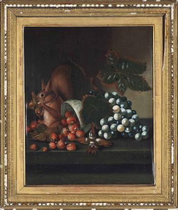 Strawberries, black grapes, a blue and white dish and a squirrel eating cobnuts on a ledge by 
																	William Jones of Bath