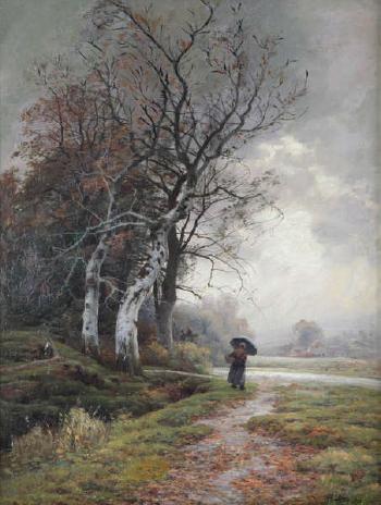 Woman walking in stormy weather by 
																	Alfred Elsen