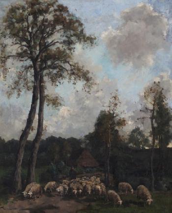 Berger aux moutons près d'une ferme et d'arbres hauts by 
																	Arend Hyner