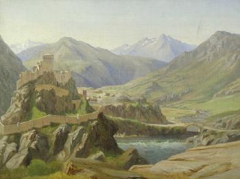 Ansicht eines Karthager Schlosses in den Pyrenäen. Gebirgsschlucht mit einem kleinen Dorf in den Pyrenäen by 
																			Eiler Rasmussen Eilersen