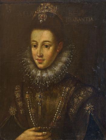Brustbildnis einer Dame in reicher Hoftracht, erinnernd an jene des spanischen Herrschers Phillip II by 
																	Juan Pantoja de la Cruz