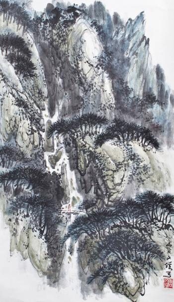 A painting of a waterfall in the mountains with a lonely figure on a small bridge by 
																	 Tang Wenyao
