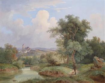 Hunters Returning Home set in an Open Landscape with Village by 
																	Josef Jonas