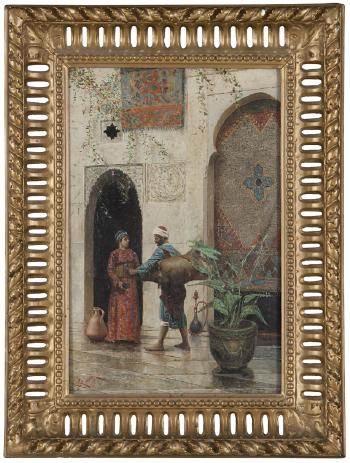 Figures in an ornate Oriental courtyard by 
																			Alberto Fabbi