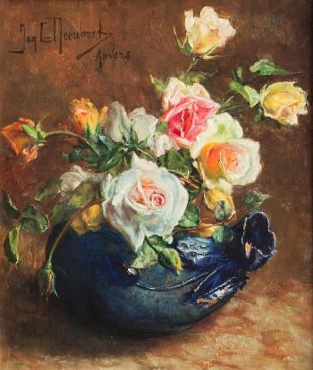 Still life of roses in a blue vase by 
																	Jan Neervoort