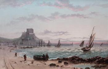 Mount Orgeuil, forefront depicting busy sea shore scene with castle in the background by 
																	Thomas Lucop