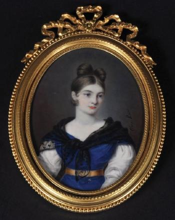 Portrait of a young lady, in a blue dress with white sleeves, a gold waistband and a black shawl by 
																	Elisa Raves
