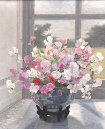 Still life with sweet peas in a Japanese vase, standing in a window by 
																	Hester Addercron