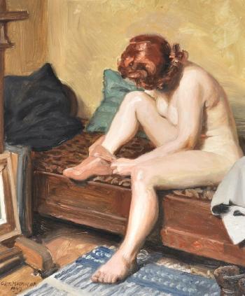 Study of a nude dressing by 
																	Gustaf Magnusson