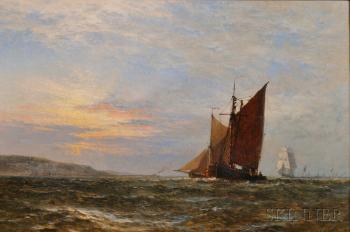 Coastal shipping at sunset by 
																	Henry Thomas Dawson