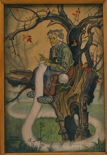 Fairy tale illustration: old woman knitting in a tree by 
																			Franz Wacik