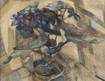 A still life with blue cinerarias by 
																	Herman Kruyder