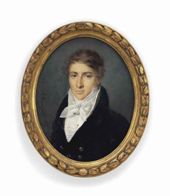 A young gentleman, in black coat with silver buttons, white waistcoat by 
																	J Croizier