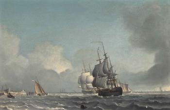 Dutch men-o'war running inshore in a strengthening breeze off the low countries by 
																	Warner Gyselman