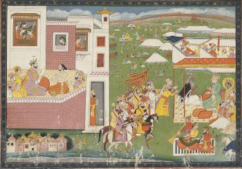 A painting from the Ramayana: Dasharatha and his sons arrive at Mithila by 
																	 Garhwal School